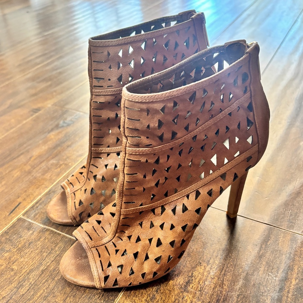Vince Camuto Kachina Leather Open Toe Bootie in Brown Cognac - Size 8.5